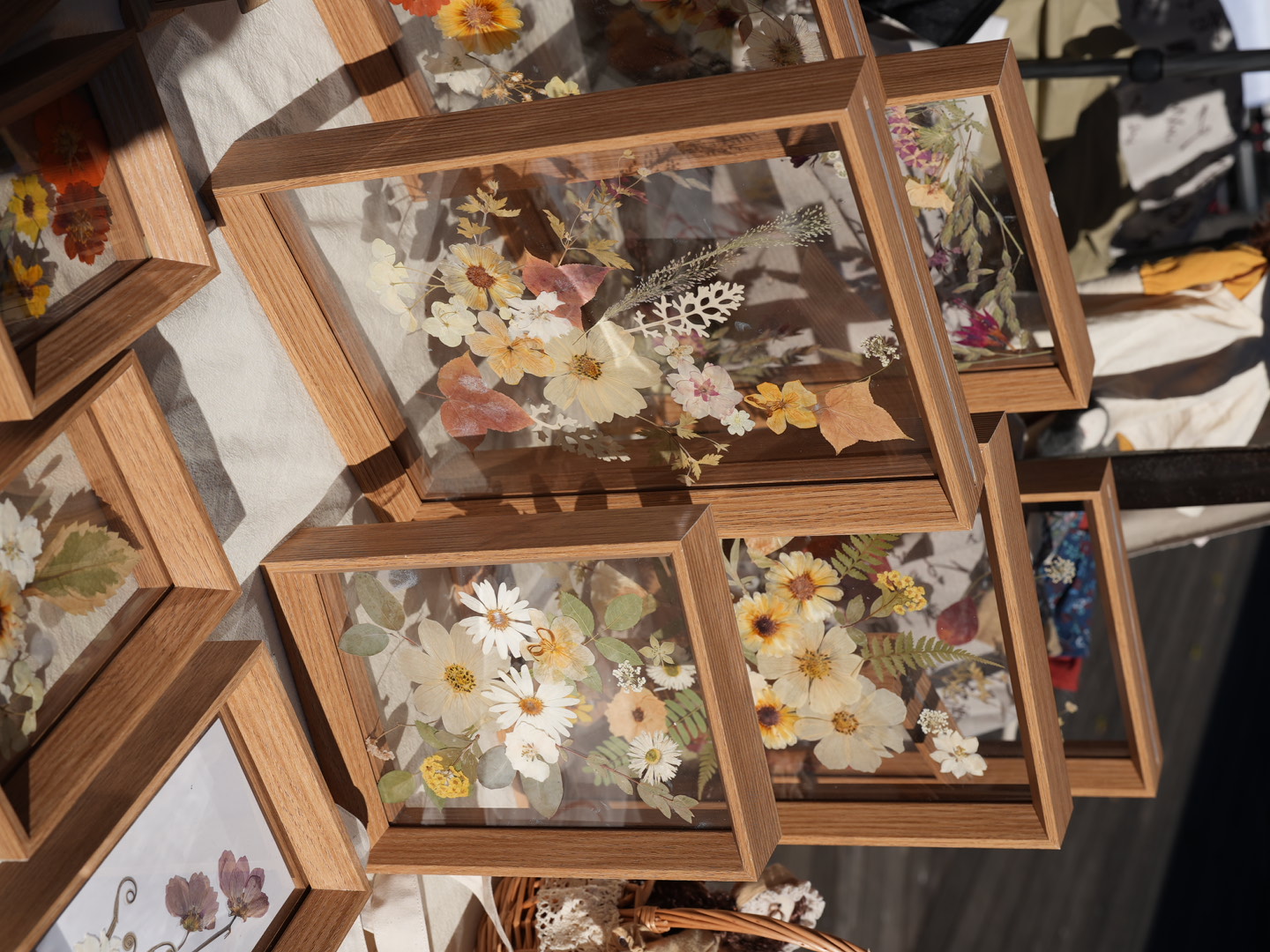 Pressed flower frames arranged on a table